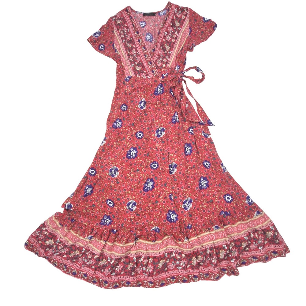 Zesica Wrap Maxi Dress Womens XL Red Floral Boho Ruffle Short Sleeve V-Neck